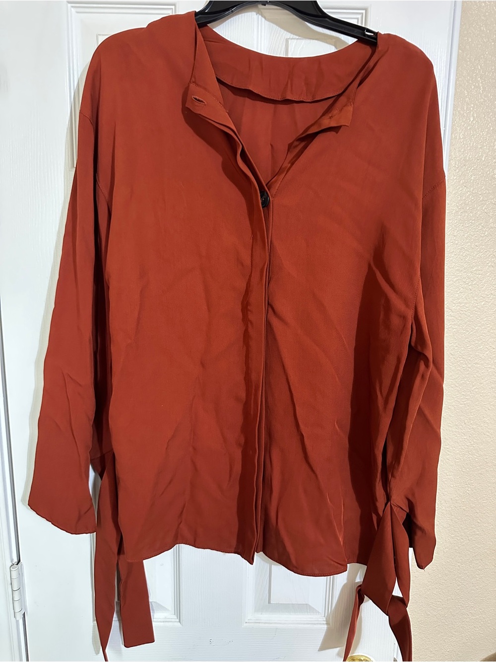 Zara Rust Button-Front Tie-Sleeve Blouse